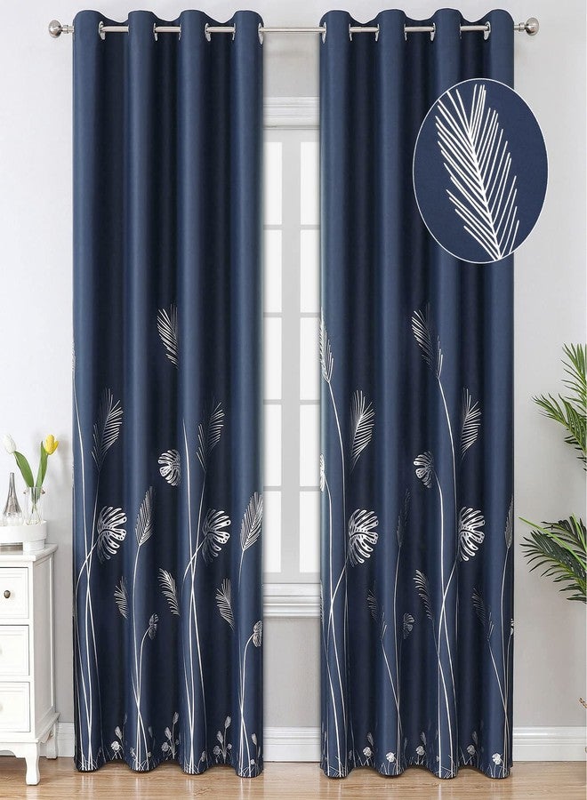 Estelar Textiler Navy Blue Blackout Curtains for Living Room 84 Inches Long Silver Palm Tree Printed Thermal Insulated Room Darkening Curtains for Bedroom, 52Wx84L, 2 Panels - Image 1